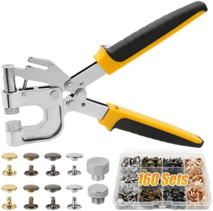 Leather Rivets Press Tool Kit – 160 Sets Double Cap Rivets with Installation Pliers, Leverage Design & Non-Slip Handle for Leather, Fabric, Clothing, Leathercraft Repair（4 Colors, 2 Sizes） by Unknown
