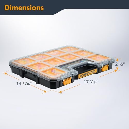 POWERTEC Small Parts Organizer & Tool Box – 20 Compartments, IP65 Water & Dust Protection, Stackable Storage with Interlocking Latch, Removable Bin, Dividers, Clear Lid, Portable Design (72366) - Image 2