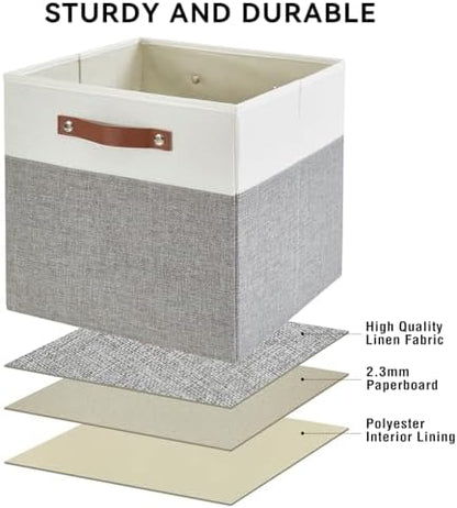 Bagnizer Collapsible Fabric Storage Cube Bins with 2 Reinforced PU Handles, Foldable Storage Organizer Baskets for Closet, Shelves, Living Room | 11"x11"x11", 4 Pack, Gray & White - Image 3
