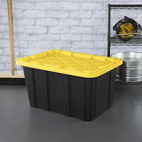 27 Gallon Durable Plastic Storage Tote with Snap-On Lid, Black and Yellow, Heavy-Duty, Secure-Grip Handles, 6 Pack - Image 3