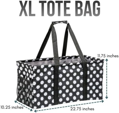 Extra Large Utility Tote Bag - Oversized Collapsible Reusable Wire Frame Rectangular Canvas Basket With Two Exterior Pockets For Beach, Pool, Laundry, Car Trunk, Storage - White Polka Dot - Image 4