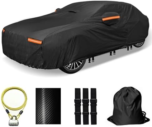 30 Layers Car Cover for Automobiles All Weather Waterproof, Outdoor Snowproof UV Protection Windproof, Door Zipper, Soft Cotton, Heavy Duty Universal Car Covers, (Black, Fit Sedans 171"-180") by OWEEIO