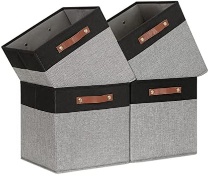 Temary 13 x 13 Storage Cubes Foldable Storage Cubes 4 Pack Canvas Storage Bin for Home, Square Storage Baskets with Leather Handles (Black&Grey) by TEMARY