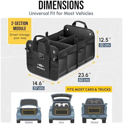 Car Trunk Organizer - Collapsible, Foldable - with Covering Net, Removable Dividers, Attachable Non-Slip Pads, Mounting Straps, and Stainless Hooks - for SUV, Truck, Sedan, Minivan, and Van - Black - Image 3