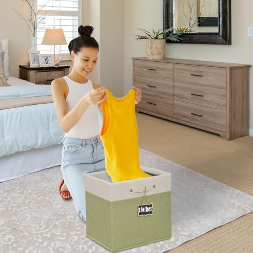 13x13x13 Inch Large Foldable Fabric Linen Cube Storage Bins【4-pack】, with Cotton Handles Closet Bins for Cabinet Shelves Home Organization and Storage bins(White&green) - Image 5