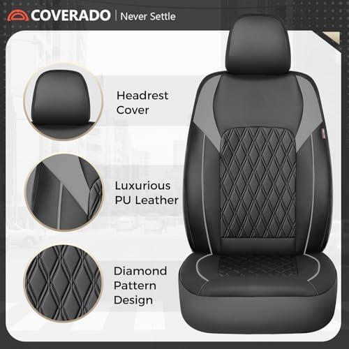 Coverado Car Seat Covers Full Set, Automotive Seat Covers for Cars, Leather Seat Covers, Car Seat Covers Front Seats Back, Car Seat Protector Car Seat Cushion Universal Fit Most Cars Trucks Black&Grey - Image 6