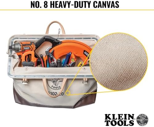 Klein Tools 5102-20 Heavy Duty Natural Canvas Tool Bag, Tool Tote, Multi-Purpose Bag with Wide Hinged Opening and Leather Handles, 20-Inch - Image 4
