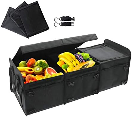 Tuff Viking Convertible Large 3 Compartment SUV Trunk Organizer with Cover | Truck Bed Organizer | for Trucks, Cars, SUVs and Groceries with Tie Down Straps. (6 in 1 with Cover, Black) by TUFFVIKING