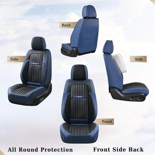 Coverado Car Seat Covers Full Set, Nappa Leather Seat Covers for Cars, Car Seat Cushion Car Seat Protector, Front and Back Seat Protectors Cushions Universal Fit for Most Cars Vehicles(Blue&Black) - Image 2