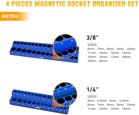 GOOACC 4 PCS Magnetic Socket Organizer Set, Heavy Duty Socket Organizer Tray 1/4" 3/8" SAE Metric Drive Sockets Holds 108, Magnetic Socket Holder for Tool Box Drawer Chest Garage Storage, Blue & Red - Image 2