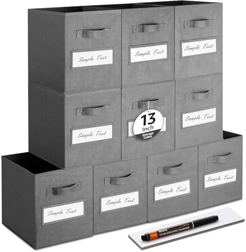 13x13x13 storage cube bins (Set of 10) Fabric storage cubes with 10 Labels Window Cards & a Pen, storage cubes 13x13, Collapsible 13 inch cube storage bins, Cubby Organizer Boxes, Gray by Artsdi