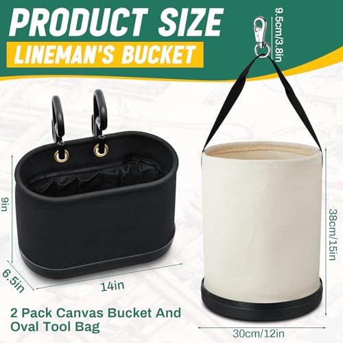 2 Pack Canvas Bucket & Oval Tool Bag, Bucket Tool Organizers with Reinforced Bottom and Hook for Lineman Electrician Construction Workers (White + Black) - Image 2