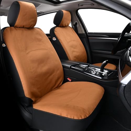 Coverado Car Seat Covers Front, Canvas Universal Seat Covers for Cars, 2-Pack Car Seat Cushions, Auto Seats Protectors for Kids & Dogs, Driver Seat Covers Fit for Most Vehicles Trucks SUVs/Khaki by COVERADOAUTO
