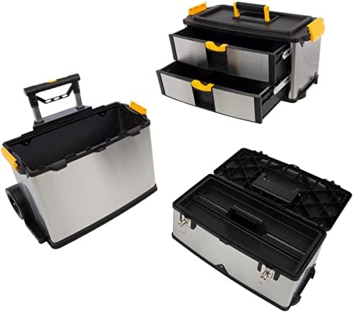 3-Part Portable Tool Box - Stainless-Steel Drawer Organizer with Wheels, Extendable Handle and Tough Latches - Rolling Tool Chest by Stalwart (Silver) - Image 4