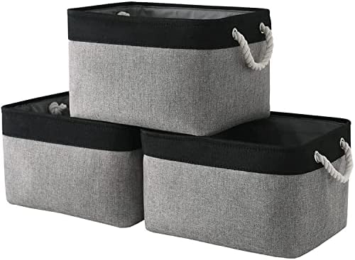 Organization and Storage Bins for Shelves - 16x12x8 inch Large 3 Pack Fabric Storage Cubes Collapsible Baskets for Shelves with Rope, Storage Basket for Organizing Cloth Laundry (Black & Grey) by Sacyic