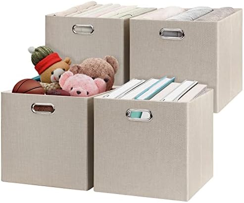 Posprica Storage Cube Basket Bins,13×13 Foldable Storage Boxes for Closet Organizer Shelf Cabinet Bookcase,Thick Fabric Drawer,Set of 4, Beige by Posprica