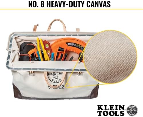 Klein Tools 5102-22 Heavy Duty Natural Canvas Tool Bag, Tool Tote, Multi-Purpose Bag with Wide Hinged Opening and Leather Handles, 22-Inch - Image 4