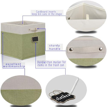 13x13x13 Inch Large Foldable Fabric Linen Cube Storage Bins【4-pack】, with Cotton Handles Closet Bins for Cabinet Shelves Home Organization and Storage bins(White&green) - Image 4