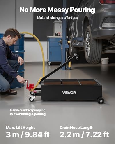 VEVOR Low Profile Oil Drain Pan, 25 Gallon Capacity, Rolling Oil Drain Pan with Manual Pump, 7.2 ft Hose & T Folding Handle, Leak-Proof & Corrosion-Resistant, Fit for Cars, SUVs, Trucks, ATVs, Black - Image 2