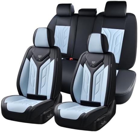Coverado Car Seat Covers Full Set, Automotive Seat Covers Car Seat Protector Car Seat Cushion, Waterproof Leather Seat Covers for Cars, Universal Fit for Most Sedan SUV Pick-up Truck(Black&Light Blue) by COVERADOAUTO