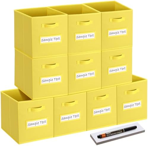 13x13 storage cube bins (Set of 10) Foldable Fabric storage cubes with 10 Labels Window Cards & a Pen,13 inch cube storage bins,Closet Organizers for Shelves,Cubby Organizer Boxes,Dark Yellow by Artsdi