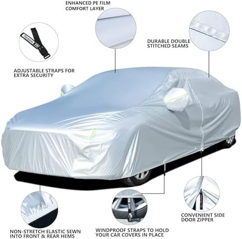 Tecoom Light Shell Waterproof UV-Proof Windproof Design Car Cover with Zipper Storage and Lock for All Weather Indoor Outdoor Fit Sedan 170-190 Inches Length - Image 3