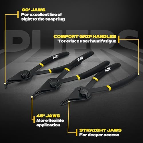 KJE 12Pcs Heavy Duty Snap Ring Pliers Set, Fixed Straight/45°/90° Jaw Tips Internal & External Circlip Pliers, Versatile Retaining Snap-Ring Pliers set for 0.038" 0.047" 0.070" 0.090" - Image 3
