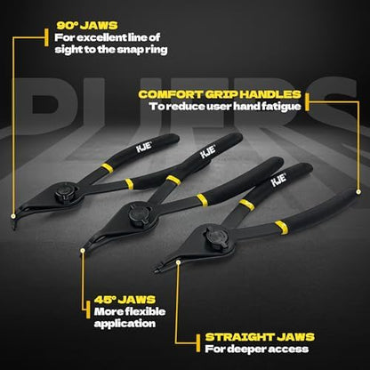KJE 12Pcs Heavy Duty Snap Ring Pliers Set, Fixed Straight/45°/90° Jaw Tips Internal & External Circlip Pliers, Versatile Retaining Snap-Ring Pliers set for 0.038" 0.047" 0.070" 0.090" - Image 3