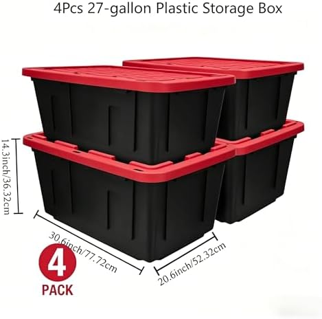4Pcs 27-gallon Plastic Storage Box, Sturdy and Durable with A Lockable Lid, Suitable for Outdoor, Garage, Basement and Indoor Item Organization, Stackable Storage Box, Black Base and Red Lid - Image 2
