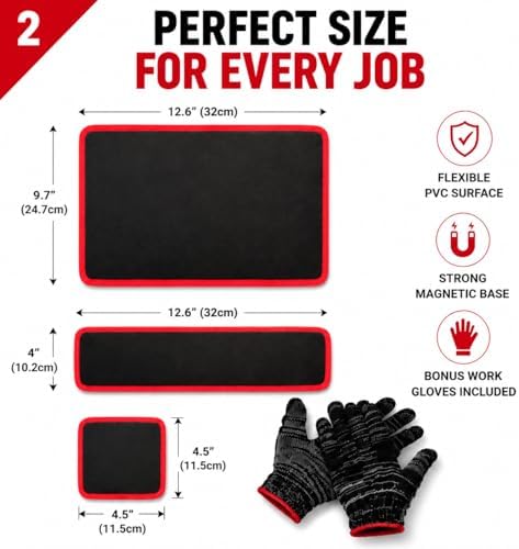3‑Piece Flexible Magnetic Tool Mat Set, Heavy‑Duty Magnetic Mat for Tools, Strong‑Grip Magnetic Parts Holder with Non‑Slip Surface,Ideal for Auto Repair, Workshop & Jobsite Organization,Red - Image 2