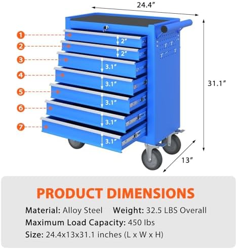 7-Drawer Rolling Tool Chest, Tool Box with 4 Wheels and Drawers, High Capacity Detachable Mobile Tool Storage Cabinet for Garage, Workshop, Mechanics and Repair Room (Blue) - Image 3