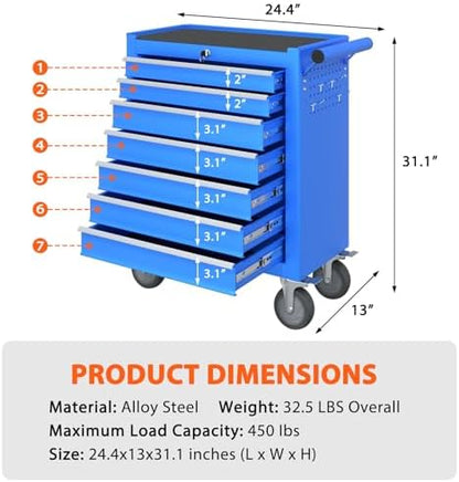 7-Drawer Rolling Tool Chest, Tool Box with 4 Wheels and Drawers, High Capacity Detachable Mobile Tool Storage Cabinet for Garage, Workshop, Mechanics and Repair Room (Blue) - Image 3