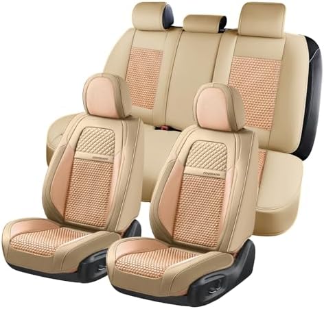 Coverado Car Seat Covers Full Set, Nappa Leather Beige Seat Covers for Cars, Waterproof Car Seat Protector, Front and Back Seats Universal Fit for Most Vehicles by COVERADOAUTO