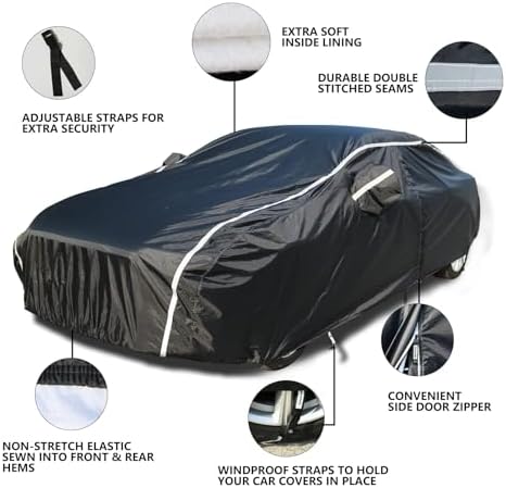 Tecoom Car Cover Waterproof All Weather, Car Covers for Automobiles with Zipper Door, Cotton Backing, Windproof Sun UV Hail Protector, Universal Fit for Sedan (201"-210") - Image 2