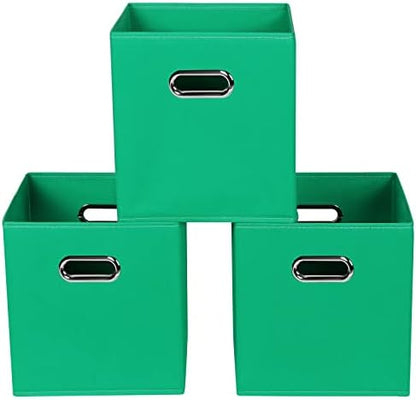 Green Foldable Storage Bins, 11x11x11, Set of 3, (Fabric Cube Organizer with Handle, for Cloth or Accessory Storage) by Yunkeeper