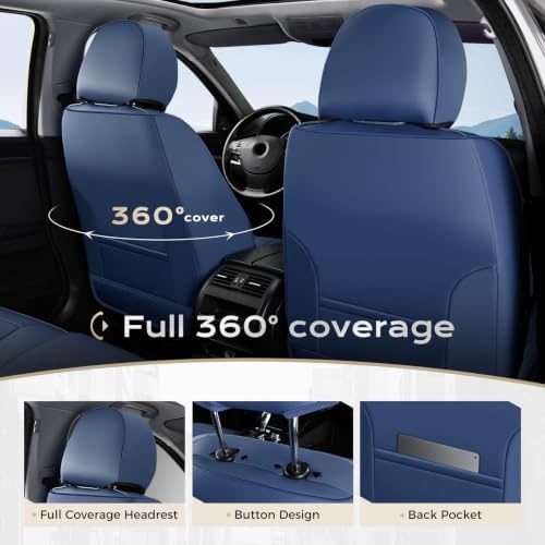 Coverado Car Seat Covers Full Set, Nappa Leather Seat Covers for Cars, Car Seat Protector Car Seat Cushion, Front and Back Seat Protectors Cushions Universal Fit for Most Cars Vehicles(Blue&White) - Image 3