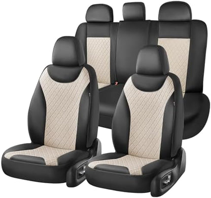 Coverado Front and Back Seat Covers, 5-Pack Universal Seat Covers for Cars, Leather & Fabric Splicing Design Car Seat Protectors, Waterproof Seat Cushions Universal for Most Vehicles, Black & Beige by COVERADOAUTO