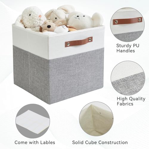 Bagnizer Collapsible Fabric Storage Cube Bins with 2 Reinforced PU Handles, Foldable Storage Organizer Baskets for Closet, Shelves, Living Room | 11"x11"x11", 4 Pack, Gray & White - Image 4