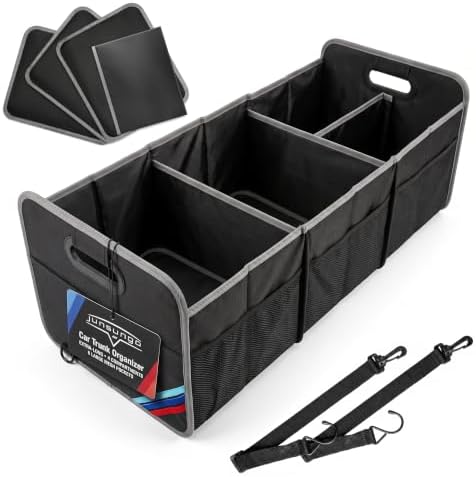 XL Car Trunk Organizer, 4 Compartments, 94L Capacity, Oxford Polyester 600D Material, Easy Fold and Store, Prevents Sliding by Junsungo