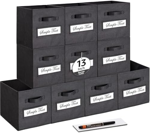 13x13x13 storage cube bins (Set of 10) Fabric storage cubes with 10 Labels Window Cards & a Pen, storage cubes 13x13, Collapsible 13 inch cube storage bins, Cubby Organizer Boxes, Black by Artsdi