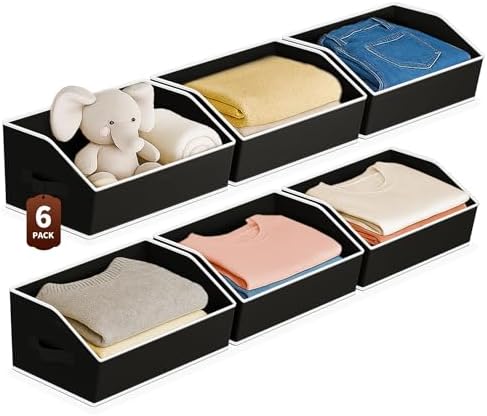 Homsorout Large Closet Organizers and Storage Bins - 6 Pack Trapezoid Storage Baskets for Shelves, Foldable Fabric Baskets with Handles Ideal for Closet, Basket, Wardrobe and Shelf Storage, Black by Homsorout