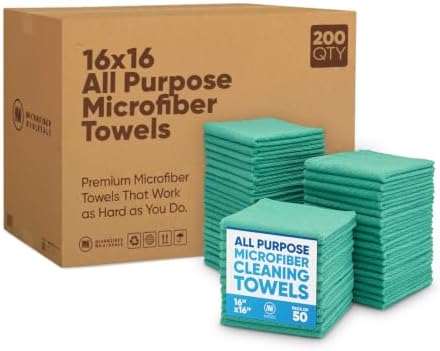 Bulk 16" x 16" All Purpose Microfiber Towels Wholesale - Case Quantity (200 Count) | Large | No Fraying | High Density Microfiber | Zero Chemical Cleaner | Long-Lasting (Green) by MicrofiberWholesale