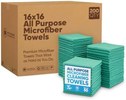 Bulk 16" x 16" All Purpose Microfiber Towels Wholesale - Case Quantity (200 Count) | Large | No Fraying | High Density Microfiber | Zero Chemical Cleaner | Long-Lasting (Green) by MicrofiberWholesale