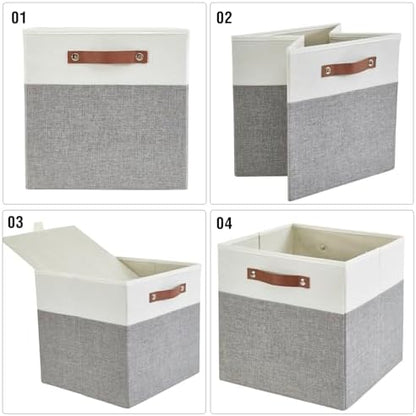 Bagnizer 13x15x13 Storage Cube Bins, Foldable Storage Organizer Baskets, Fabric Cube Storage Boxes with 2 Reinforced PU Handles for Kallax, Shelves, Living Room | 4 Pack, Gray & White - Image 6