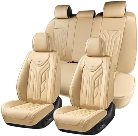 Coverado Car Seat Covers Full Set, Automotive Seat Covers Car Seat Protector Car Seat Cushion, Waterproof Leather Seat Covers for Cars, Universal Fit for Most Sedans SUV Pick-up Truck(Beige) by COVERADOAUTO