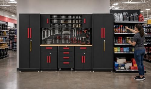 9-Pcs Garage Storage Cabinet System with Steel Cabinet,Red Handle - Image 6