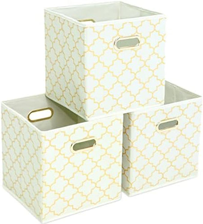 Fabric storage bins Cubes, Fabric Cube Organizer with Handle, Foldable Cube Bins for Cloth or Accessary Storage, 11x11x11, Set of 3, (Creamy-White Gold) by Yunkeeper