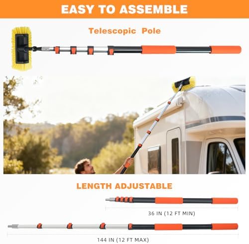 12FT Car Wash Brush with Long Handle Telescoping Extension Pole Angle Adapter with 12" Soft and Hard Bristle Scratch-Free for Cleaning Car Truck RV House Floor Window Roof Solar Panels - Image 3