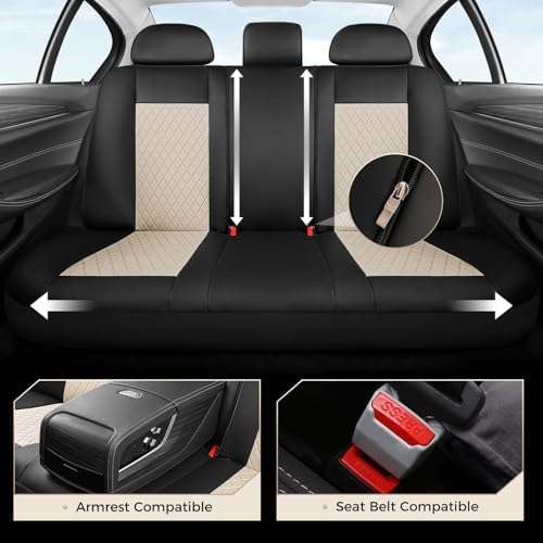 Coverado Front and Back Seat Covers, 5-Pack Universal Seat Covers for Cars, Leather & Fabric Splicing Design Car Seat Protectors, Waterproof Seat Cushions Universal for Most Vehicles, Black & Beige - Image 4