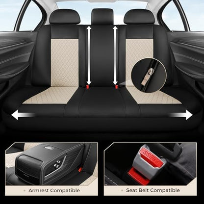 Coverado Front and Back Seat Covers, 5-Pack Universal Seat Covers for Cars, Leather & Fabric Splicing Design Car Seat Protectors, Waterproof Seat Cushions Universal for Most Vehicles, Black & Beige - Image 4